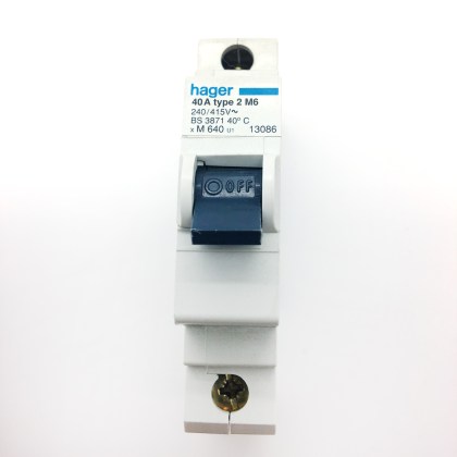 Hager M640 U1 13086 M6 40A 40 Amp MCB Circuit Breaker Type 2